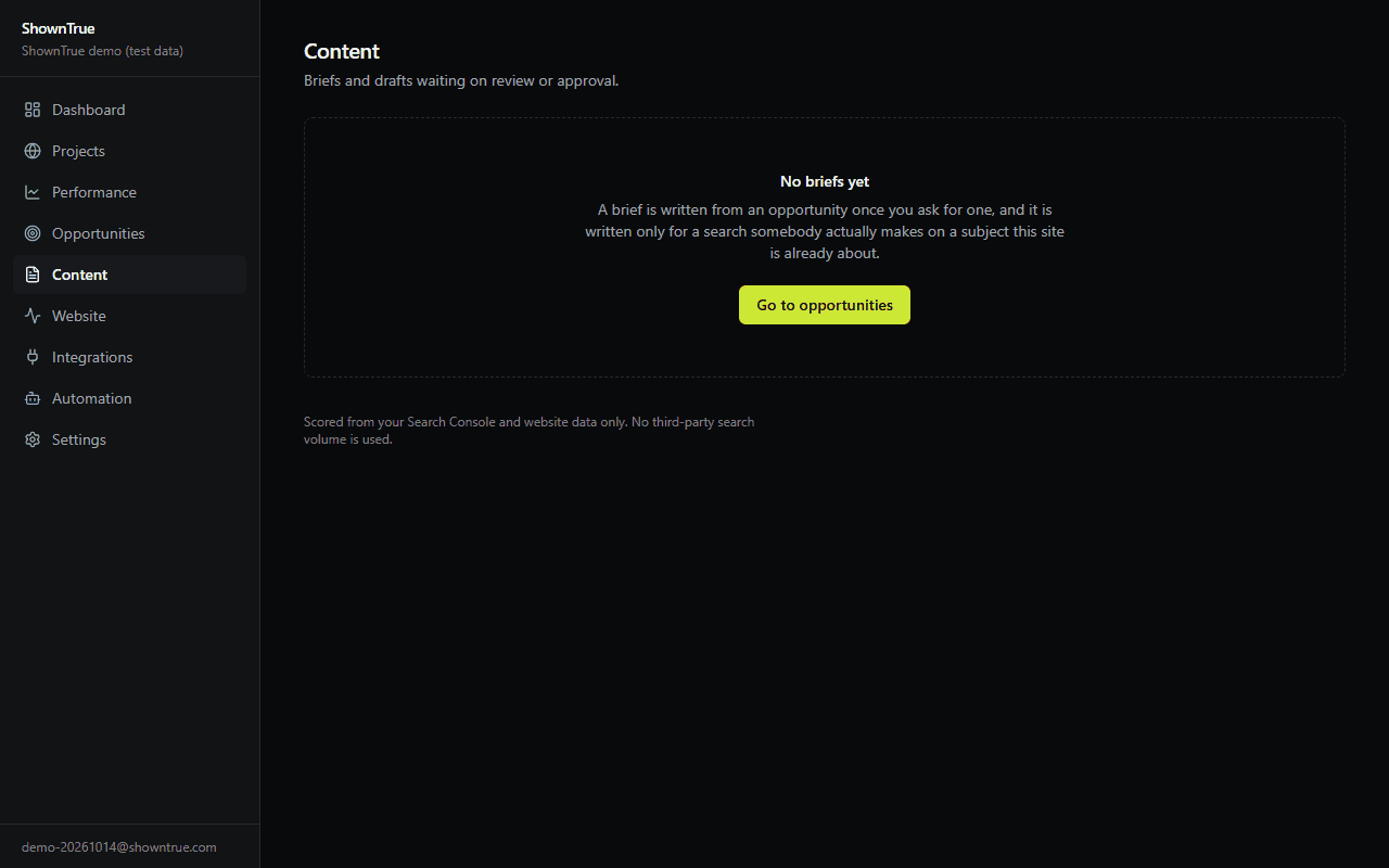 Publishing, with a named approver: the /content screen in the ShownTrue app