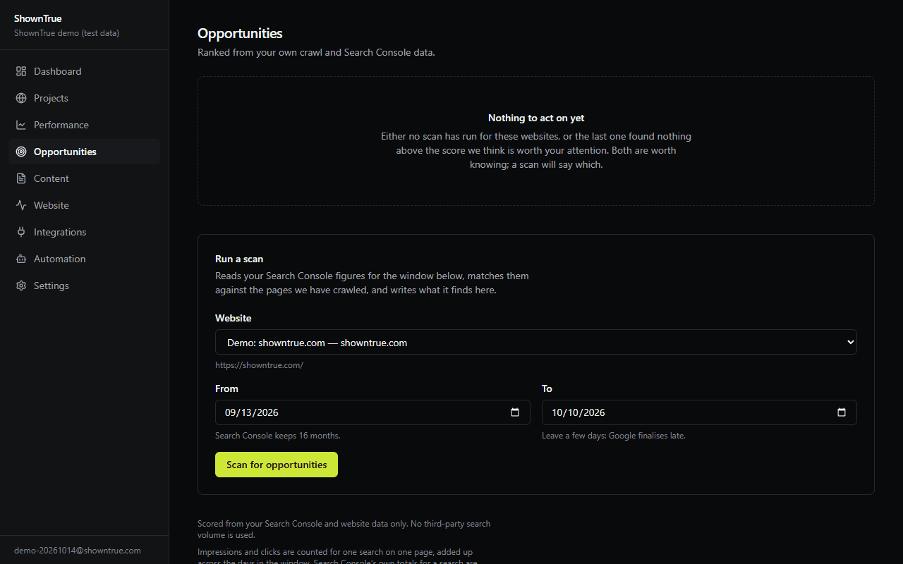 The opportunity engine: the /opportunities screen in the ShownTrue app