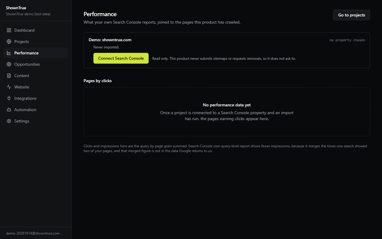 Search Console performance: the /performance screen in the ShownTrue app