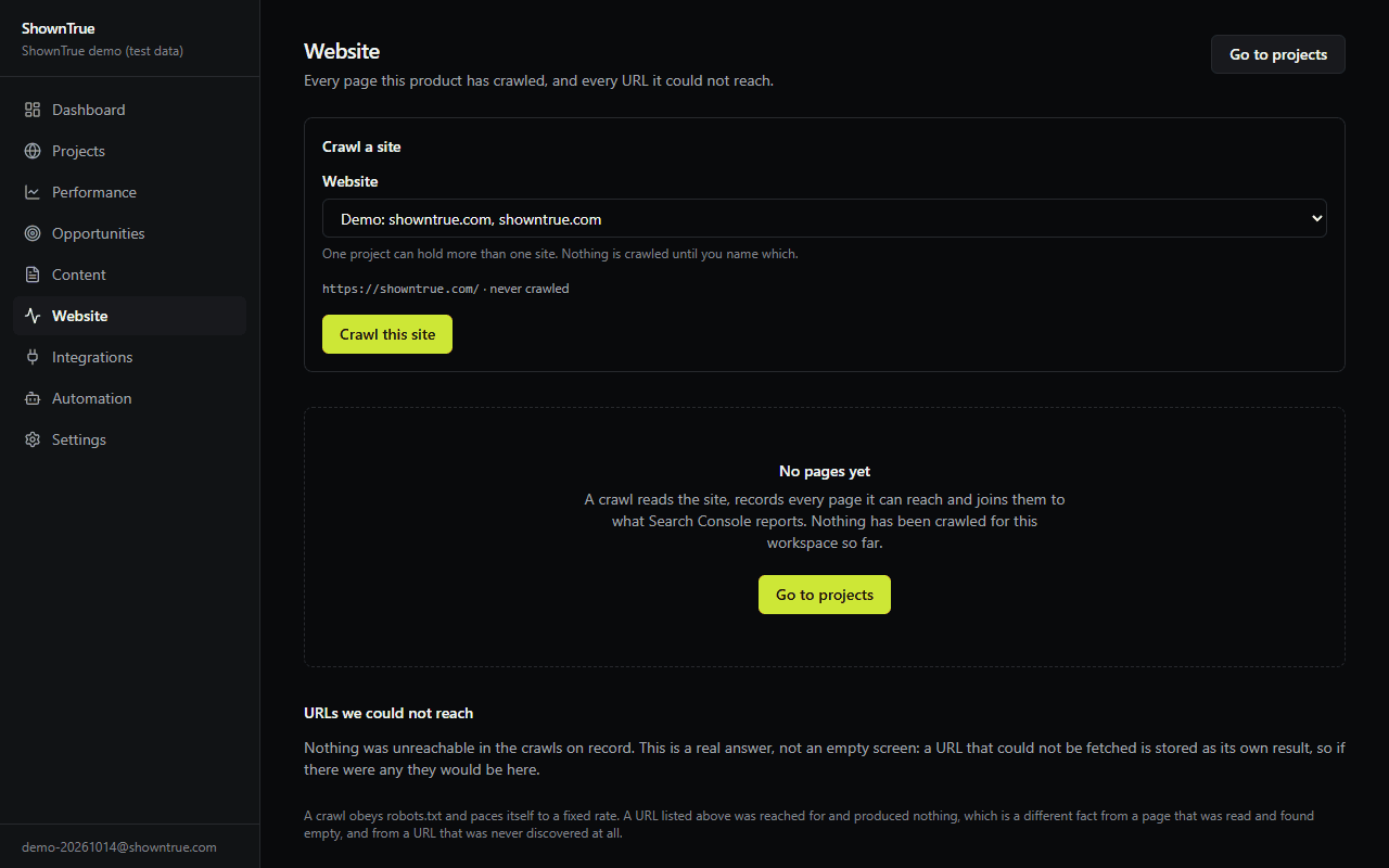 Website crawl: the /website screen in the ShownTrue app